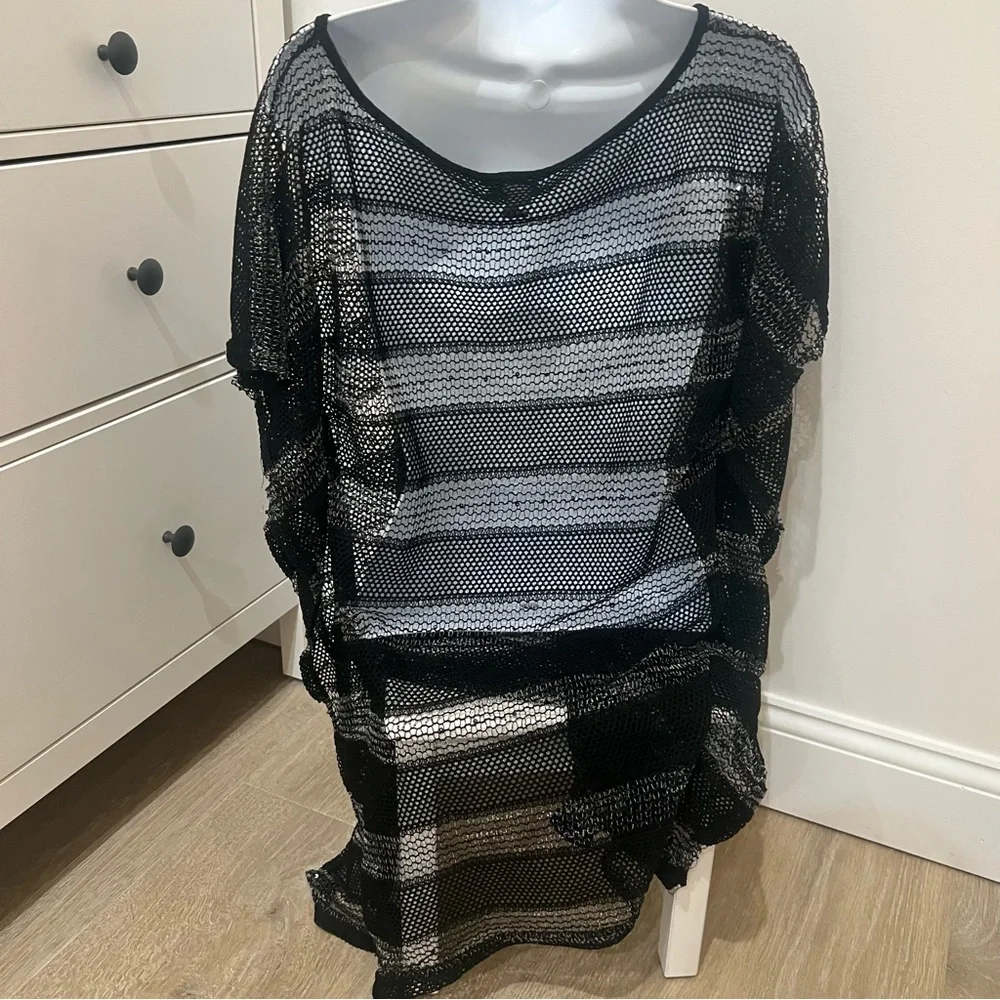 Bali Club Beach Coverup Black and White Sheer Striped Mesh Top Small